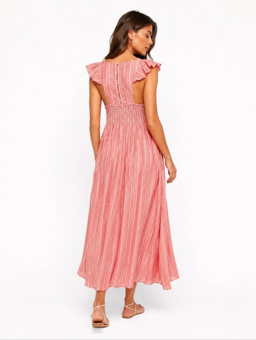 Free People Smocket Striped Ruffle Sleeves Maxi Dress Size S
